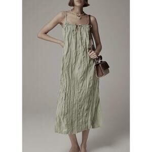 J Crew Dress Womens Large Green Crinkle Slip Midi Sundress Side Slit